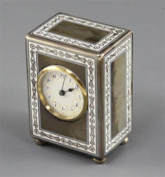An early 20th century continental silver and enamel miniature carriage timepiece, with leather carrying case, 2in.